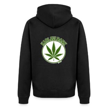 Deutschland: Legalisierung von Cannabis, Dank Karl - Unisex Premium Bio Zip Hoodie - Schwarz - Hinten - Nico (187cm)