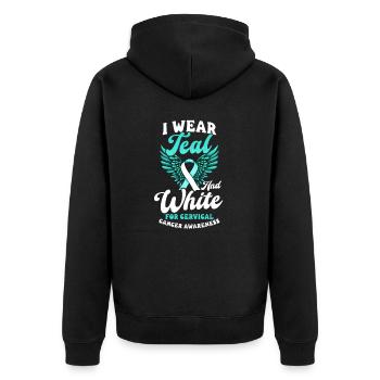 Gebärmutterhalskrebs Bewusstseinskleidung Blaugrün und Weiß - Unisex Premium Bio Zip Hoodie - Schwarz - Hinten - Nico (187cm)