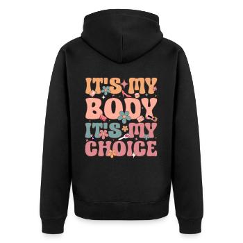 Groovy Féministe Féminisme Féminin C’est mon corps I - Veste à capuche bio Premium Unisexe - noir - Dos - Nico (187cm)