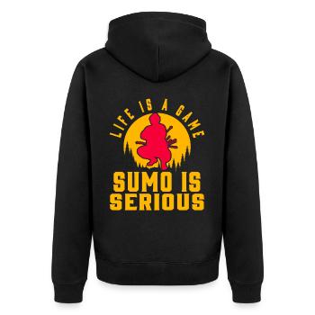 Das Leben ist ein Spiel Sumo ist ernst - Unisex Premium Bio Zip Hoodie - Schwarz - Hinten - Nico (187cm)