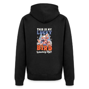 Vogelbeobachter Mein Glücksoutfit zur Vogelbeobachtung - Unisex Premium Bio Zip Hoodie - Schwarz - Hinten - Nico (187cm)