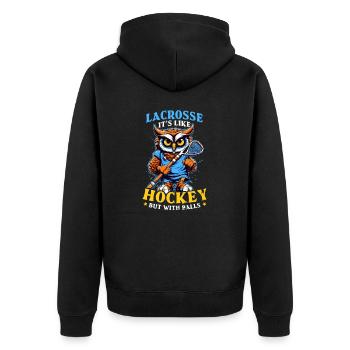Lacrosse Coach wie Hokey, aber mit Bällen Eule - Unisex Premium Bio Zip Hoodie - Schwarz - Hinten - Nico (187cm)