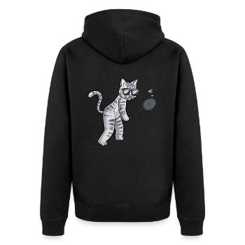 Lustige Badminton-katze - Unisex Premium Bio Zip Hoodie - Schwarz - Hinten - Nico (187cm)