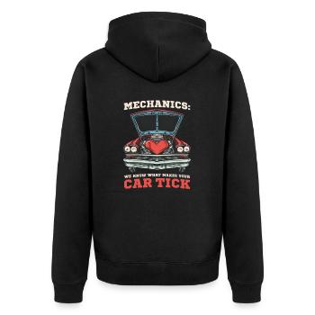 Automechaniker Wir wissen, wie Ihr Auto tickt - Unisex Premium Bio Zip Hoodie - Schwarz - Hinten - Nico (187cm)