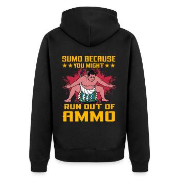 Sumo, weil Ihnen die Munition ausgehen könnte - Unisex Premium Bio Zip Hoodie - Schwarz - Hinten - Nico (187cm)
