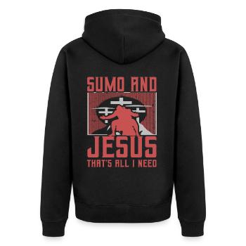 Sumo und Jesus, das ist alles, was ich brauche - Unisex Premium Bio Zip Hoodie - Schwarz - Hinten - Nico (187cm)