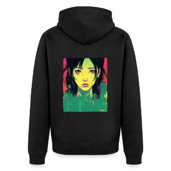 Traurige Stadt Kunst: Japanische Frau Illustration - Unisex Premium Bio Zip Hoodie - Schwarz - Hinten - Nico (187cm)