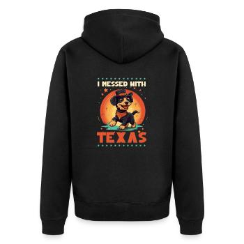 Texas-Liebhaber Ich habe mich mit Texas angelegt - Unisex Premium Bio Zip Hoodie - Schwarz - Hinten - Nico (187cm)