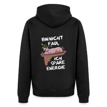 Bin Nicht Faul Ich Spare Energie Hängebauchschwein - Unisex Premium Bio Zip Hoodie - Schwarz - Hinten - Nico (187cm)
