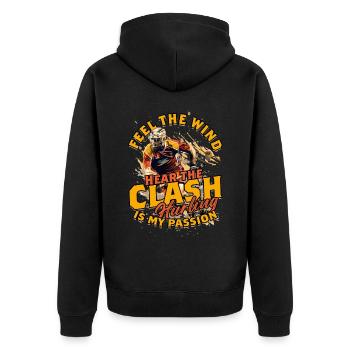 Feel the Wind Hear the Clash Hurling is My Passion - Unisex Premium Bio Zip Hoodie - Schwarz - Hinten - Nico (187cm)