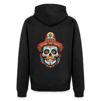 Ikonischer Zuckerschädel Mexiko Streetwear Design - Unisex Premium Bio Zip Hoodie - Schwarz - Hinten - Nico (187cm)