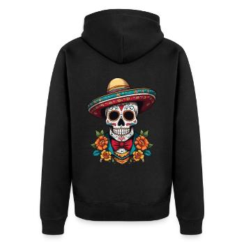 Ikonischer Zuckerschädel Mexikanischer Streetwear - Unisex Premium Bio Zip Hoodie - Schwarz - Hinten - Nico (187cm)