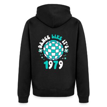 Disco Groovy Hippie 70s 80er Vintage Siebziger - Unisex Premium Bio Zip Hoodie - Schwarz - Hinten - Nico (187cm)