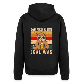 Zwei Alkohol bitte egal was - Unisex Premium Bio Zip Hoodie - Schwarz - Hinten - Nico (187cm)