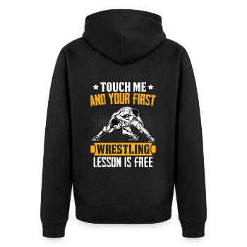 Berühre mich und deine erste Wrestling-Stunde ist kostenlos - Unisex Premium Bio Zip Hoodie - Schwarz - Hinten - Nico (187cm)