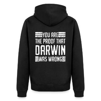 Grumpy Darwin Darwinism Misanthrope - Unisex Premium Bio Zip Hoodie - Schwarz - Hinten - Nico (187cm)
