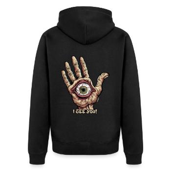 Hand mit Auge - Ich sehe dich - Unisex Premium Bio Zip Hoodie - Schwarz - Hinten - Nico (187cm)