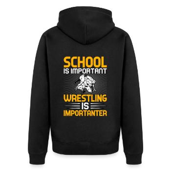 Schule ist wichtig, aber Wrestling ist wichtiger - Unisex Premium Bio Zip Hoodie - Schwarz - Hinten - Nico (187cm)