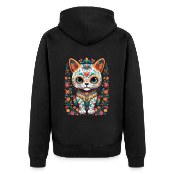 Kawaii Katze Zuckerschädel Mexiko Streetwear - Unisex Premium Bio Zip Hoodie - Schwarz - Hinten - Nico (187cm)