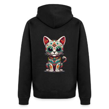 Katze Mexiko Zuckerschädel Ikonisch Streetwear - Unisex Premium Bio Zip Hoodie - Schwarz - Hinten - Nico (187cm)