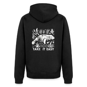 Seekuh Manatee - Take it easy - Unisex Premium Bio Zip Hoodie - Schwarz - Hinten - Nico (187cm)