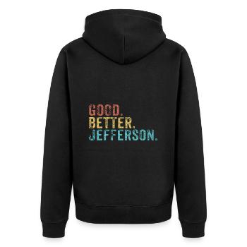 Cool guys are called jefferson - Unisex Premium Bio Zip Hoodie - Schwarz - Hinten - Nico (187cm)