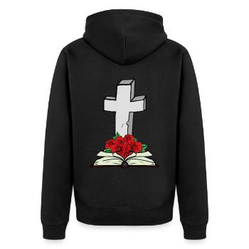 Kreuz Bibel Buch Jesus Gott Auferstehung Tod - Unisex Premium Bio Zip Hoodie - Schwarz - Hinten - Nico (187cm)