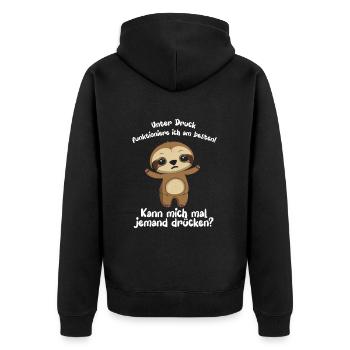 Unter Druck Funktioniere Ich Am Besten - Unisex Premium Bio Zip Hoodie - Schwarz - Hinten - Nico (187cm)