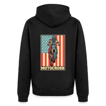 Motocross American Flag Supermoto Motorcycle - Unisex Premium Organic Zip Hoodie - black - Back - Nico (187cm)