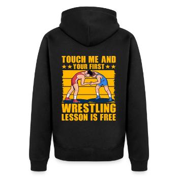 Berühre mich und deine erste Wrestling-Stunde ist kostenlos - Unisex Premium Bio Zip Hoodie - Schwarz - Hinten - Nico (187cm)