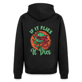 „if It Flies It Dies“ Mutiges Statement-design - Unisex Premium Bio Zip Hoodie - Schwarz - Hinten - Nico (187cm)