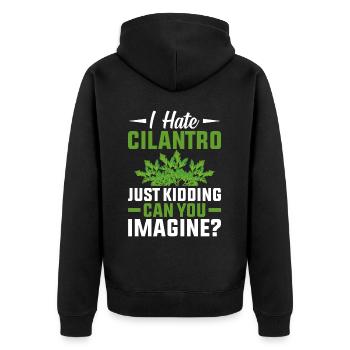 Koriander Koriander Ich Hasse Frischen - Unisex Premium Bio Zip Hoodie - Schwarz - Hinten - Nico (187cm)