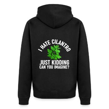 Koriander Koriander Ich Hasse Frischen - Unisex Premium Bio Zip Hoodie - Schwarz - Hinten - Nico (187cm)