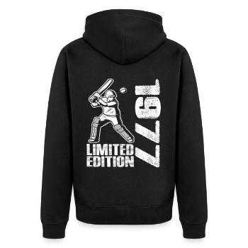 Limited Edition 1977 Limited Edition Cricket - Unisex Premium Organic Zip Hoodie - black - Back - Nico (187cm)