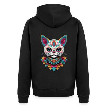 Katze Ikonischer Zuckerschädel Mexikanische Feste - Unisex Premium Bio Zip Hoodie - Schwarz - Hinten - Nico (187cm)