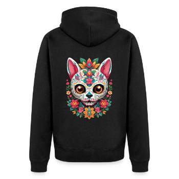 Zuckerschädel Katze Mexikanischer Feiertag Design - Unisex Premium Bio Zip Hoodie - Schwarz - Hinten - Nico (187cm)