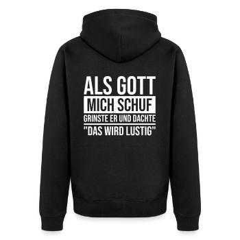 When God created me, he grinned and thought - Unisex Premium Organic Zip Hoodie - black - Back - Nico (187cm)