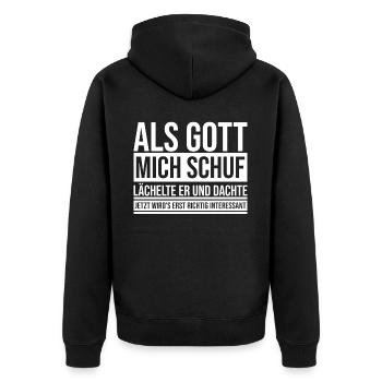 When God created me, he smiled and thought - Unisex Premium Organic Zip Hoodie - black - Back - Nico (187cm)