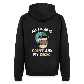 Kaffee und meine Gecko-Eidechse Gekkota Schopf - Unisex Premium Bio Zip Hoodie - Schwarz - Hinten - Nico (187cm)