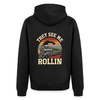 Funny Train Driver Train Trains - Unisex Premium Organic Zip Hoodie - black - Back - Nico (187cm)
