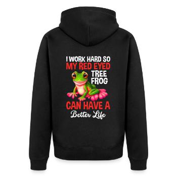 I Work Hard Red Eyed Tree Frog Design - Unisex Premium Bio Zip Hoodie - Schwarz - Hinten - Nico (187cm)