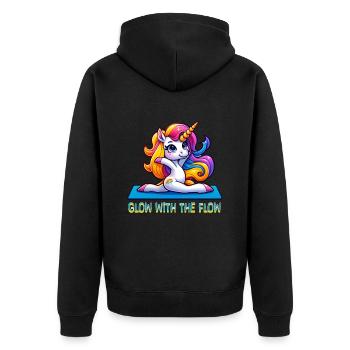 Glow With The Flow Unicorn Yoga - Unisex Premium Bio Zip Hoodie - Schwarz - Hinten - Nico (187cm)