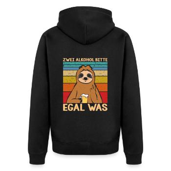 Zwei Alkohol bitte egal was - Unisex Premium Bio Zip Hoodie - Schwarz - Hinten - Nico (187cm)