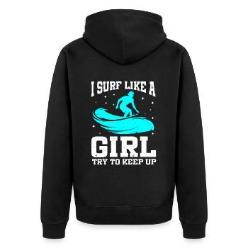 Surfender Surfer - Unisex Premium Bio Zip Hoodie - Schwarz - Hinten - Nico (187cm)