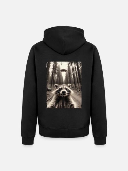 Grappig wasbeer selfie buitenaards ruimteschip - Uniseks Premium bio ziphoodie - zwart