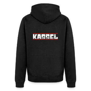Kassel - Unisex Premium Bio Zip Hoodie - Schwarz - Hinten - Nico (187cm)