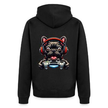 Gamer Shirts Design, Französische Bulldogge Gamer - Unisex Premium Bio Zip Hoodie - Schwarz - Hinten - Nico (187cm)