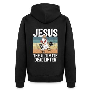 Jesus The Ultimate Deadlifter Christian Gym - Unisex Premium Organic Zip Hoodie - black - Back - Nico (187cm)