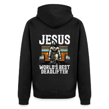 Jesus The Ultimate Deadlifter Christian Gym - Unisex Premium Organic Zip Hoodie - black - Back - Nico (187cm)