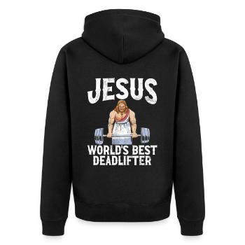 Jesus The Ultimate Deadlifter Christian Gym - Unisex Premium Organic Zip Hoodie - black - Back - Nico (187cm)